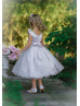 Cap Sleeves Oyster Satin Tulle Sweet Flower Girl Dress With 3D Flowers